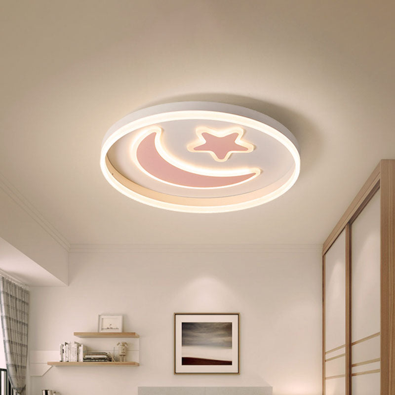 LED Bedroom Flush Mount Lighting Kids White/Pink/Blue Flush Light Fixture with Moon and Star Acrylic Shade Pink Clearhalo 'Ceiling Lights' 'Close To Ceiling Lights' 'Close to ceiling' 'Flush mount' Lighting' 1474457