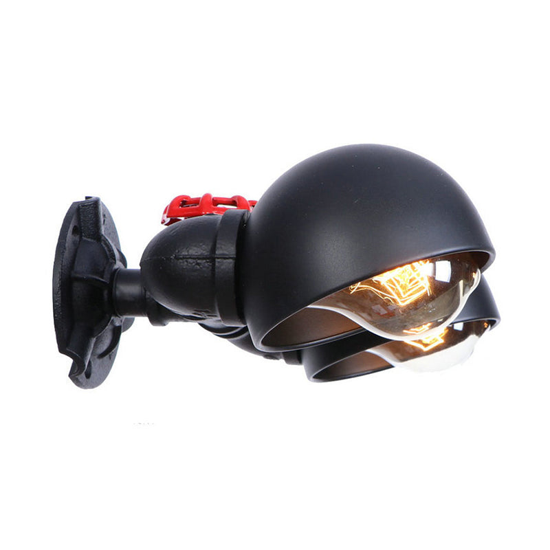 Domed Metal Wall Lamp Farmhouse Style 2 Lights Living Room Black Wall Mount Light with Valve Wheel Deco Clearhalo 'Art deco wall lights' 'Cast Iron' 'Glass' 'Industrial wall lights' 'Industrial' 'Middle century wall lights' 'Modern' 'Rustic wall lights' 'Tiffany' 'Traditional wall lights' 'Wall Lamps & Sconces' 'Wall Lights' Lighting' 147456