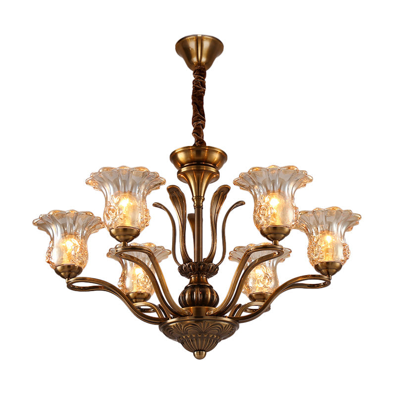 Flower Clear Glass Pendant Chandelier Rural 3/6/8 Heads Living Room Hanging Ceiling Light in Brass with Branching Design 6 Brass Clearhalo 'Ceiling Lights' 'Chandeliers' Lighting' options 1474607_0589bba9-f33a-4956-b0be-f43500dfc5fc