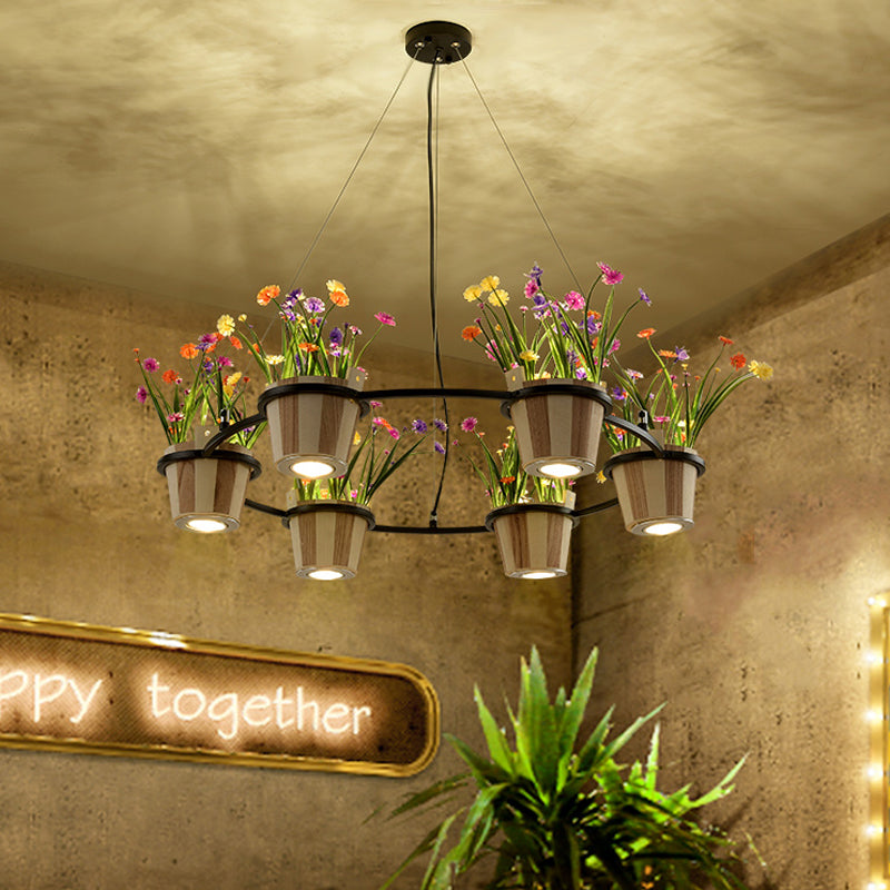 Wooden Round Ceiling Chandelier Industrial 3/6/9 Lights Restaurant Pendant in Black with Potted Plant Clearhalo 'Cast Iron' 'Ceiling Lights' 'Chandeliers' 'Industrial Chandeliers' 'Industrial' 'Metal' 'Middle Century Chandeliers' 'Rustic Chandeliers' 'Tiffany' Lighting' 1474760