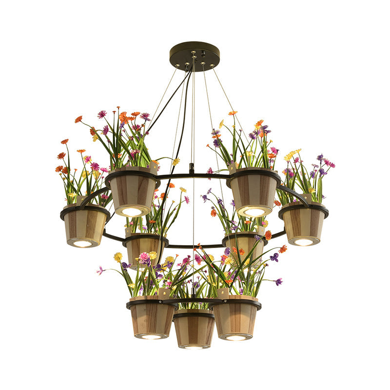 Wooden Round Ceiling Chandelier Industrial 3/6/9 Lights Restaurant Pendant in Black with Potted Plant Clearhalo 'Cast Iron' 'Ceiling Lights' 'Chandeliers' 'Industrial Chandeliers' 'Industrial' 'Metal' 'Middle Century Chandeliers' 'Rustic Chandeliers' 'Tiffany' Lighting' 1474768