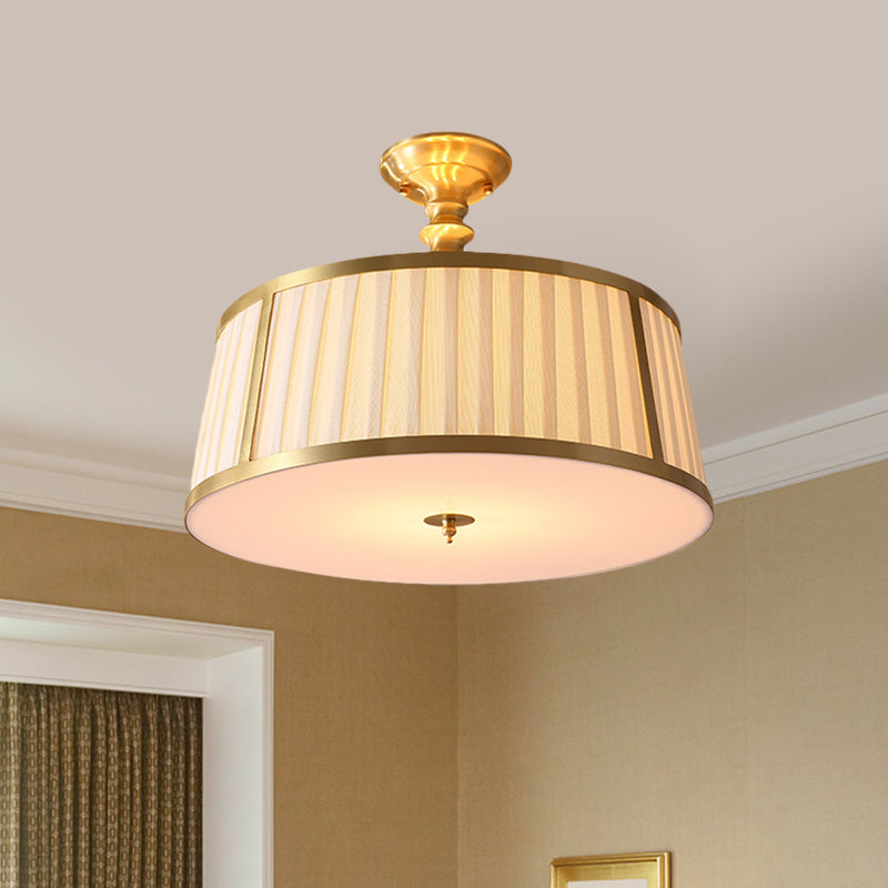 Round Fabric Semi Flush Light Colonialism 4 Heads Bedroom Metallic Ceiling Lighting in Gold Clearhalo 'Ceiling Lights' 'Close To Ceiling Lights' 'Close to ceiling' 'Semi-flushmount' Lighting' 1474916