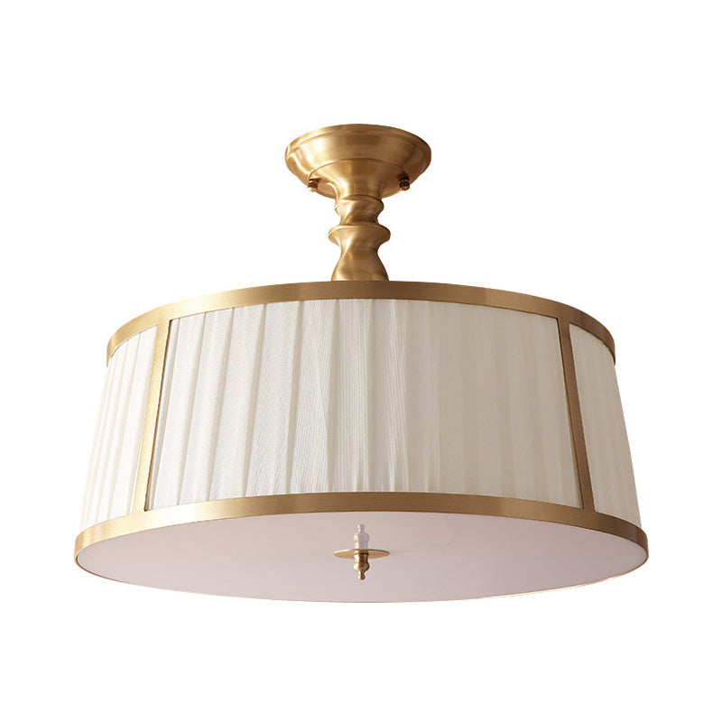 Round Fabric Semi Flush Light Colonialism 4 Heads Bedroom Metallic Ceiling Lighting in Gold Clearhalo 'Ceiling Lights' 'Close To Ceiling Lights' 'Close to ceiling' 'Semi-flushmount' Lighting' 1474917