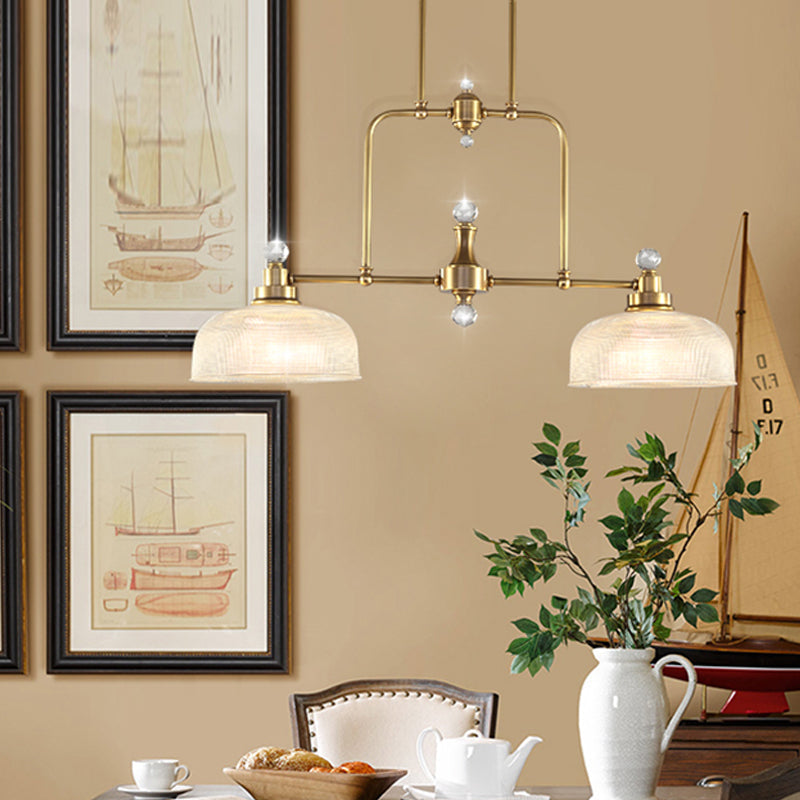 Gold Domed Island Pendant Country Style Clear Prismatic Glass 2 Bulbs Metal Hanging Light Kit Clearhalo 'Ceiling Lights' 'Island Lights' Lighting' 1474987