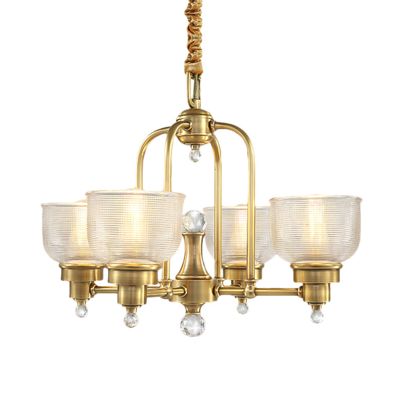Prismatic Glass Gold Hanging Chandelier Bowl Shade 4/6-Light Colonialist Metal Suspension Pendant Light for Kitchen Clearhalo 'Ceiling Lights' 'Chandeliers' 'Close To Ceiling Lights' 'Glass shade' 'Glass' Lighting' 1474998