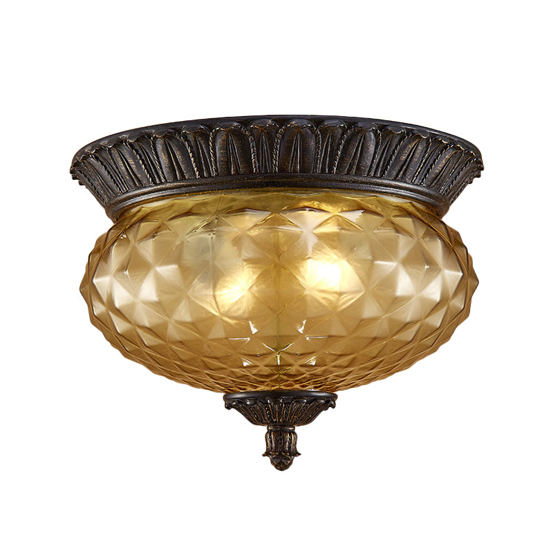 8"/12.5" W Prismatic Glass Black Flush Mount Lamp Urn-Shaped/Teardrop 2-Head Countryside Ceiling Mounted Fixture Clearhalo 'Ceiling Lights' 'Close To Ceiling Lights' 'Close to ceiling' 'Flush mount' Lighting' 1475062
