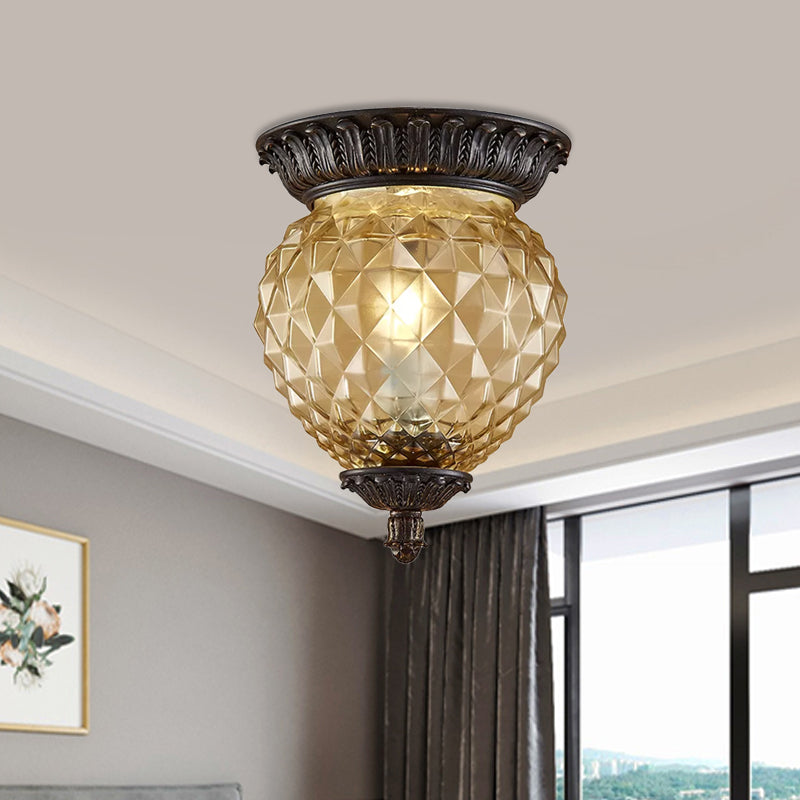 8"/12.5" W Prismatic Glass Black Flush Mount Lamp Urn-Shaped/Teardrop 2-Head Countryside Ceiling Mounted Fixture Clearhalo 'Ceiling Lights' 'Close To Ceiling Lights' 'Close to ceiling' 'Flush mount' Lighting' 1475065