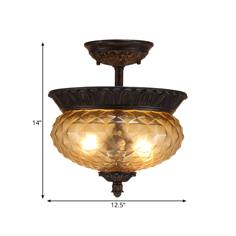2 Lights Urn Shade Semi Flush Light Countryside Black Finish Prismatic Glass Ceiling Mount for Dining Room Clearhalo 'Ceiling Lights' 'Close To Ceiling Lights' 'Close to ceiling' 'Semi-flushmount' Lighting' 1475083