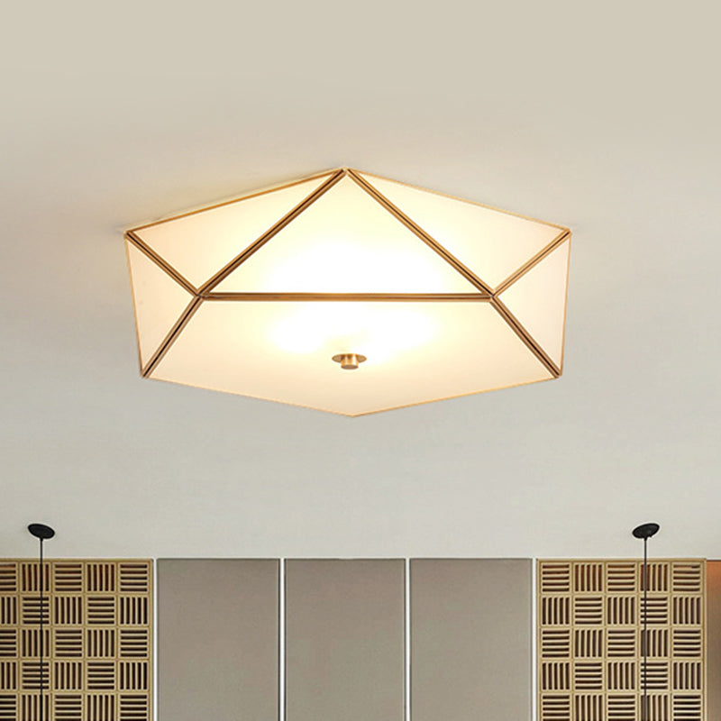 Beveled Box Hotel Flush Mount Frosted White Glass Single Post-Modern Ceiling Light in Gold, 14"/18" Width Clearhalo 'Ceiling Lights' 'Close To Ceiling Lights' 'Close to ceiling' 'Flush mount' Lighting' 1475108