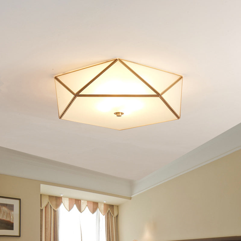Beveled Box Hotel Flush Mount Frosted White Glass Single Post-Modern Ceiling Light in Gold, 14"/18" Width Gold Clearhalo 'Ceiling Lights' 'Close To Ceiling Lights' 'Close to ceiling' 'Flush mount' Lighting' 1475109