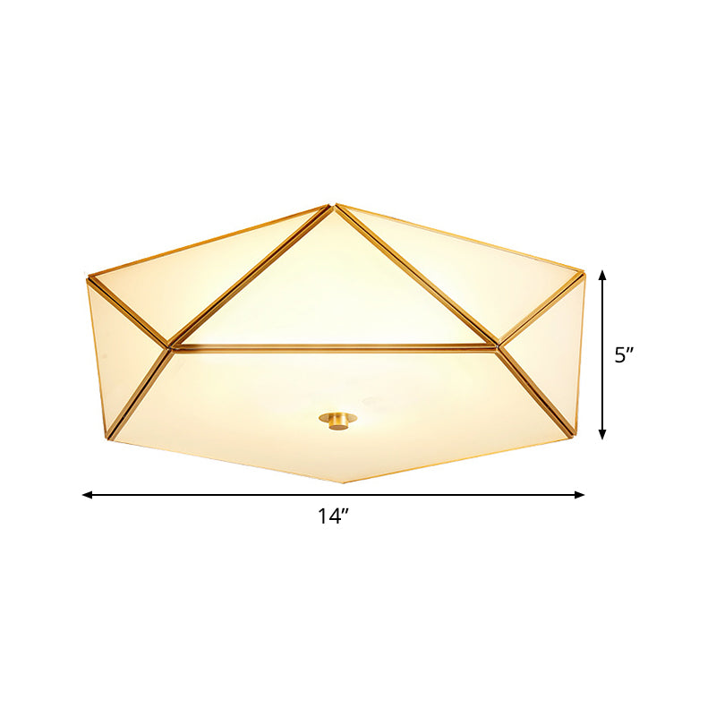 Beveled Box Hotel Flush Mount Frosted White Glass Single Post-Modern Ceiling Light in Gold, 14"/18" Width Clearhalo 'Ceiling Lights' 'Close To Ceiling Lights' 'Close to ceiling' 'Flush mount' Lighting' 1475112