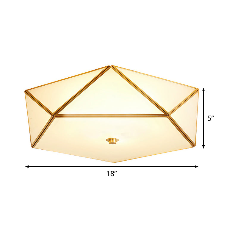 Beveled Box Hotel Flush Mount Frosted White Glass Single Post-Modern Ceiling Light in Gold, 14"/18" Width Clearhalo 'Ceiling Lights' 'Close To Ceiling Lights' 'Close to ceiling' 'Flush mount' Lighting' 1475113