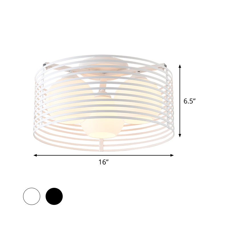 Milk Open Glass Dome Flushmount Contemporary 3 Heads Flush Mount Ceiling Light with Black/White Drum Cage Clearhalo 'Ceiling Lights' 'Close To Ceiling Lights' 'Close to ceiling' 'Flush mount' Lighting' 1475118
