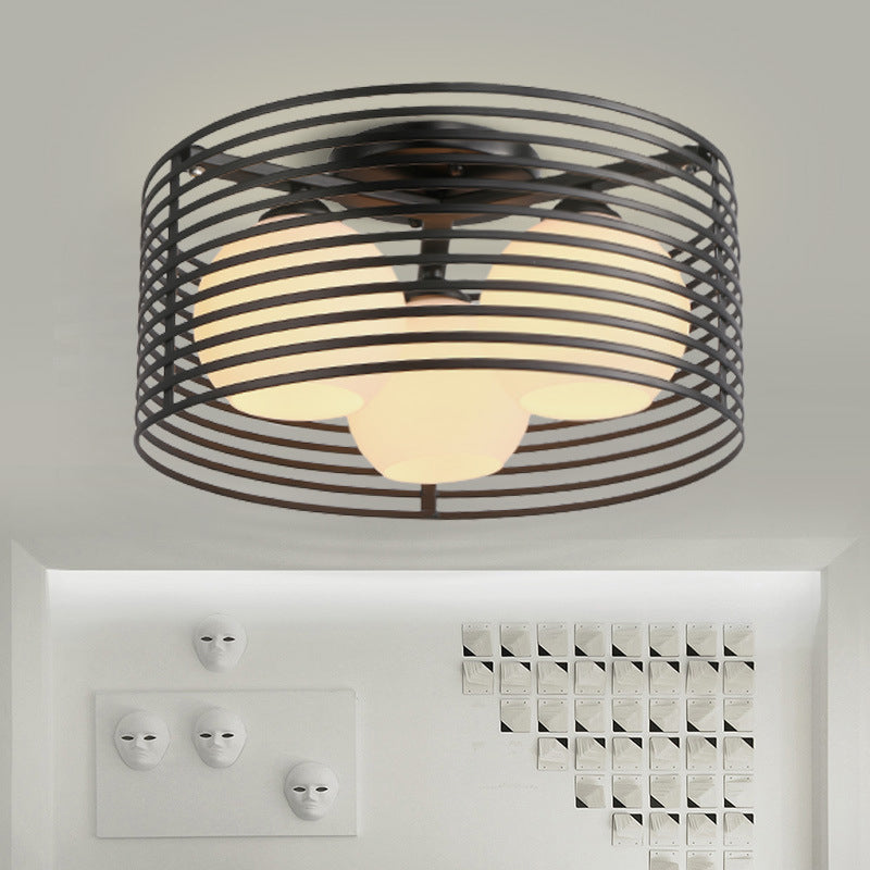 Milk Open Glass Dome Flushmount Contemporary 3 Heads Flush Mount Ceiling Light with Black/White Drum Cage Clearhalo 'Ceiling Lights' 'Close To Ceiling Lights' 'Close to ceiling' 'Flush mount' Lighting' 1475119