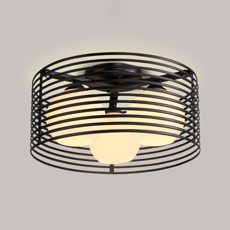 Milk Open Glass Dome Flushmount Contemporary 3 Heads Flush Mount Ceiling Light with Black/White Drum Cage Clearhalo 'Ceiling Lights' 'Close To Ceiling Lights' 'Close to ceiling' 'Flush mount' Lighting' 1475121