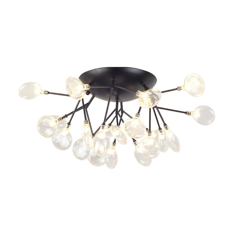 Clear Glass Branchlet LED Ceiling Flush Modern 21 Bulbs Black Semi Flush Mount Chandelier in Warm/White Light Clearhalo 'Ceiling Lights' 'Close To Ceiling Lights' 'Close to ceiling' 'Glass shade' 'Glass' 'Semi-flushmount' Lighting' 1475145