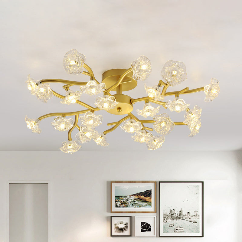 Black/Gold Flower Branch Flush Chandelier Modernist 24-Bulb Transparent Glass Semi Flush Mount Ceiling Light Clearhalo 'Ceiling Lights' 'Close To Ceiling Lights' 'Close to ceiling' 'Glass shade' 'Glass' 'Semi-flushmount' Lighting' 1475148