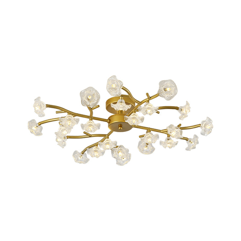 Black/Gold Flower Branch Flush Chandelier Modernist 24-Bulb Transparent Glass Semi Flush Mount Ceiling Light Clearhalo 'Ceiling Lights' 'Close To Ceiling Lights' 'Close to ceiling' 'Glass shade' 'Glass' 'Semi-flushmount' Lighting' 1475151