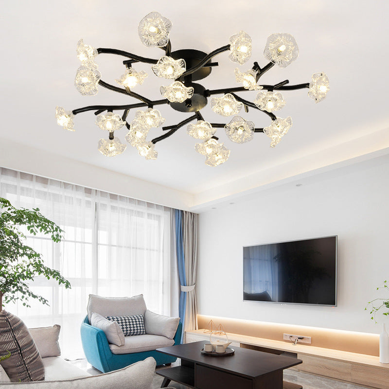 Black/Gold Flower Branch Flush Chandelier Modernist 24-Bulb Transparent Glass Semi Flush Mount Ceiling Light Clearhalo 'Ceiling Lights' 'Close To Ceiling Lights' 'Close to ceiling' 'Glass shade' 'Glass' 'Semi-flushmount' Lighting' 1475153