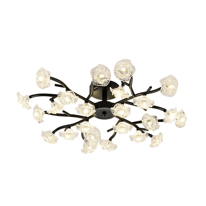 Black/Gold Flower Branch Flush Chandelier Modernist 24-Bulb Transparent Glass Semi Flush Mount Ceiling Light Clearhalo 'Ceiling Lights' 'Close To Ceiling Lights' 'Close to ceiling' 'Glass shade' 'Glass' 'Semi-flushmount' Lighting' 1475156