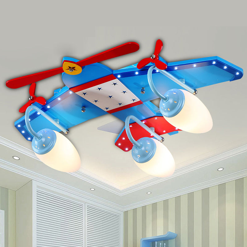 Ivory Glass Plane Flushmount Lighting Kids 3/4 Heads Blue Flush Mount Ceiling Light Fixture for Boys Bedroom Clearhalo 'Ceiling Lights' 'Close To Ceiling Lights' 'Close to ceiling' 'Flush mount' Lighting' 1475350