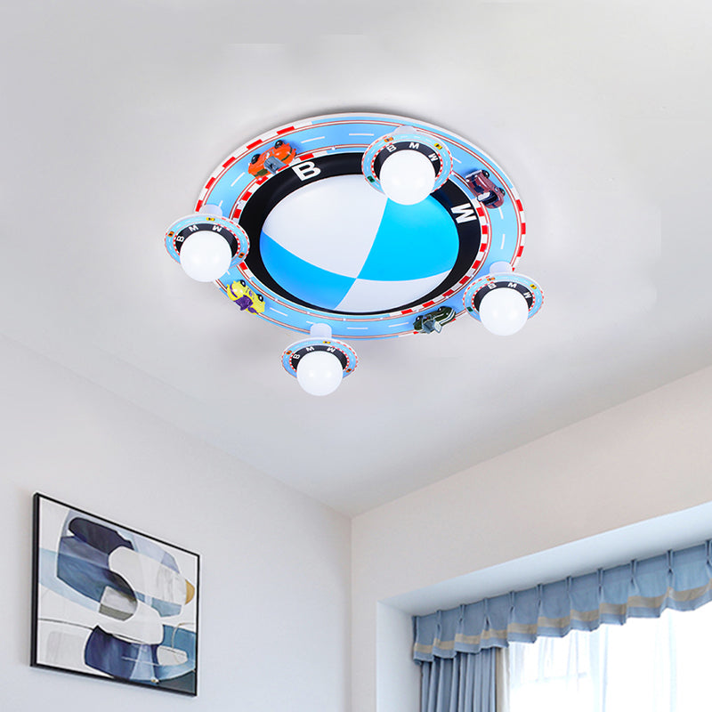 Circular Flush Mount Ceiling Fixture Kids White Glass 4-Head Blue Flushmount Lighting with Racing Vehicle Clearhalo 'Ceiling Lights' 'Close To Ceiling Lights' 'Close to ceiling' 'Flush mount' Lighting' 1475366