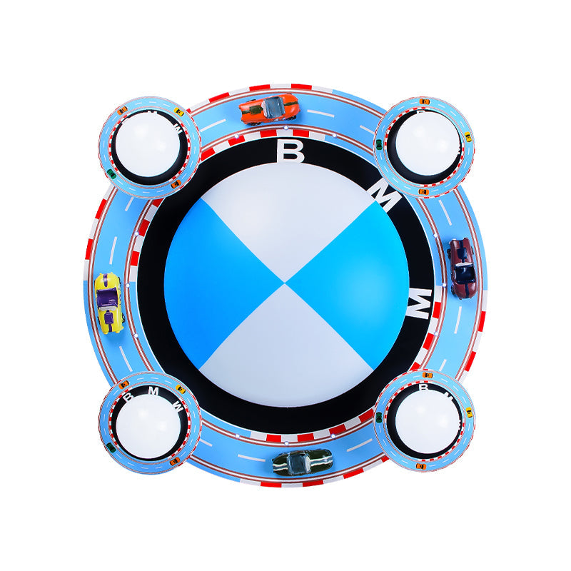 Circular Flush Mount Ceiling Fixture Kids White Glass 4-Head Blue Flushmount Lighting with Racing Vehicle Clearhalo 'Ceiling Lights' 'Close To Ceiling Lights' 'Close to ceiling' 'Flush mount' Lighting' 1475367