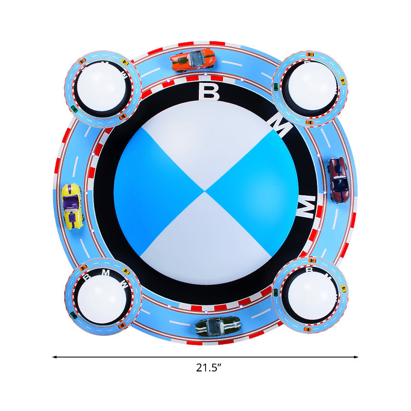 Circular Flush Mount Ceiling Fixture Kids White Glass 4-Head Blue Flushmount Lighting with Racing Vehicle Clearhalo 'Ceiling Lights' 'Close To Ceiling Lights' 'Close to ceiling' 'Flush mount' Lighting' 1475368
