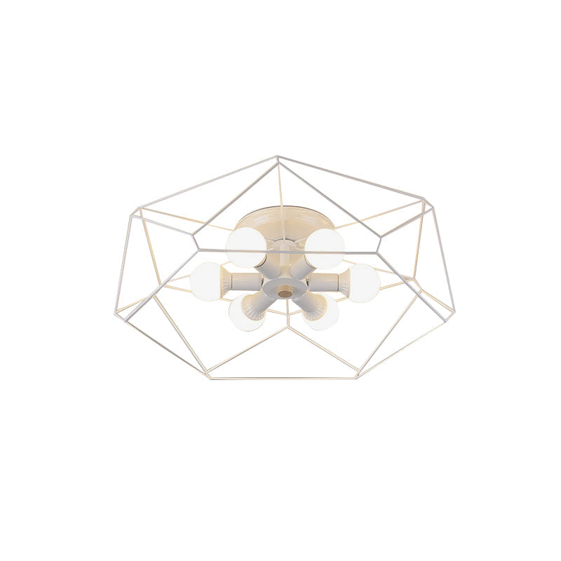 White Hexagon Cage Flush Mount Nordic 3/6 Lights Iron Flush Ceiling Light Fixture with Bare Bulb Design Clearhalo 'Ceiling Lights' 'Close To Ceiling Lights' 'Close to ceiling' 'Flush mount' Lighting' 1475475