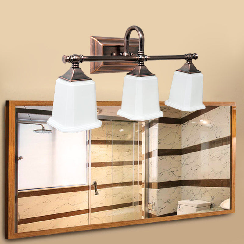 Copper 2/3-Head Vanity Light Fixture Traditional Ivory Glass Trapezoid Wall Lighting with Twist Arm for Bathroom 3.0 Copper Clearhalo 'Vanity Lights' 'Wall Lights' Lighting' 1475664