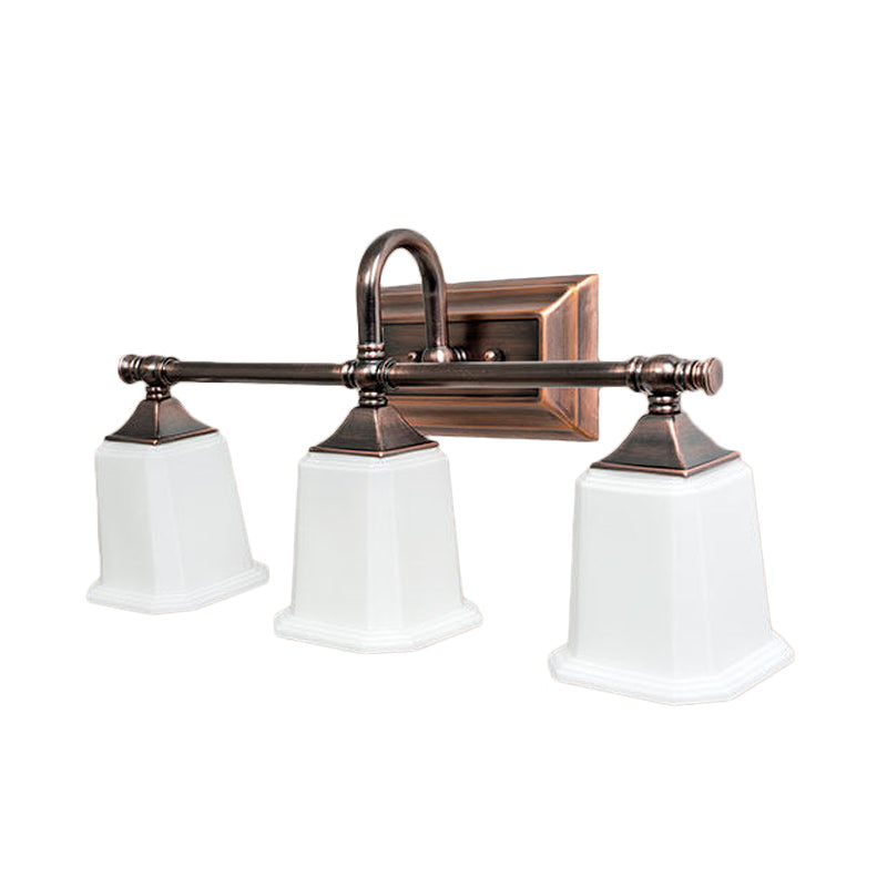 Copper 2/3-Head Vanity Light Fixture Traditional Ivory Glass Trapezoid Wall Lighting with Twist Arm for Bathroom Clearhalo 'Vanity Lights' 'Wall Lights' Lighting' 1475665