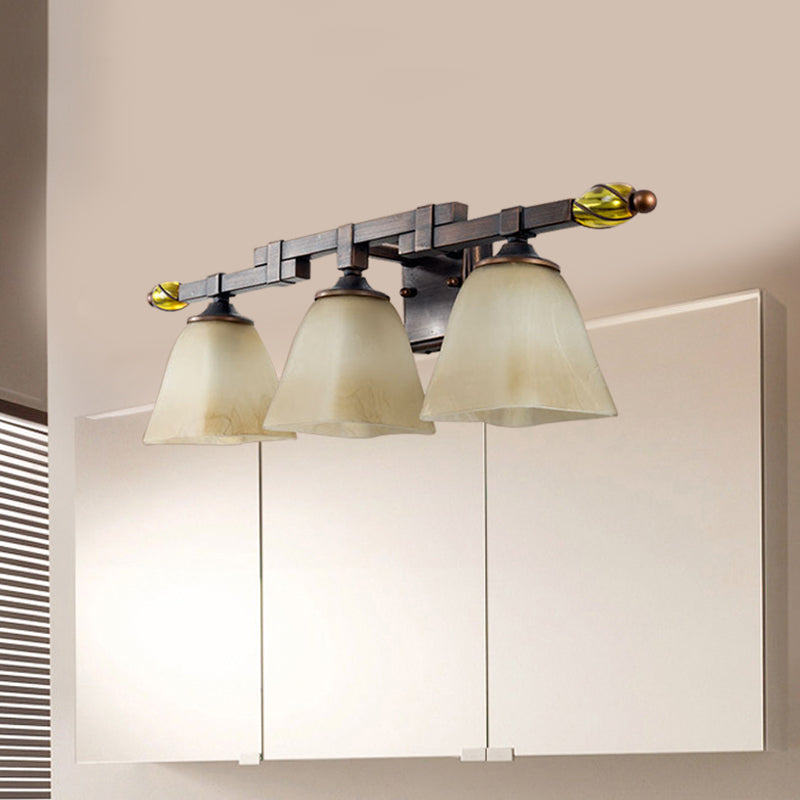 Frosted Glass Brass Vanity Lamp Paneled Bell 2/3 Lights Country Style Wall Sconce Lighting for Bathroom 3.0 Brass Clearhalo 'Vanity Lights' 'Wall Lights' Lighting' 1475684