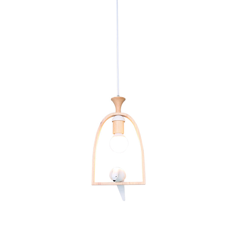 Single Dinette Hanging Pendant Nordic Green/White Ceiling Light with Arch Wood Frame and Bird Decoration Clearhalo 'Ceiling Lights' 'Modern Pendants' 'Modern' 'Pendant Lights' 'Pendants' Lighting' 1475983