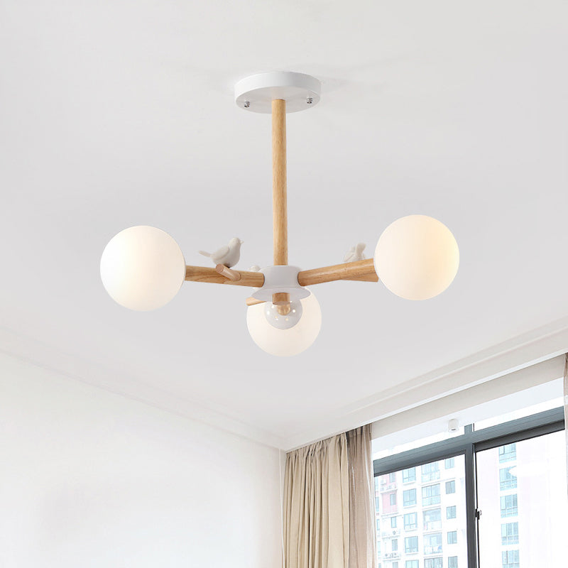 Radial Ceiling Mount Chandelier Nordic Wood 3/6-Bulb Bedroom Semi Mount Lighting with White Glass Shade and Bird Decor Clearhalo 'Ceiling Lights' 'Close To Ceiling Lights' 'Close to ceiling' 'Semi-flushmount' Lighting' 1476032