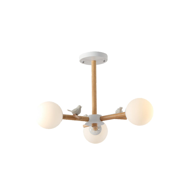 Radial Ceiling Mount Chandelier Nordic Wood 3/6-Bulb Bedroom Semi Mount Lighting with White Glass Shade and Bird Decor Clearhalo 'Ceiling Lights' 'Close To Ceiling Lights' 'Close to ceiling' 'Semi-flushmount' Lighting' 1476034