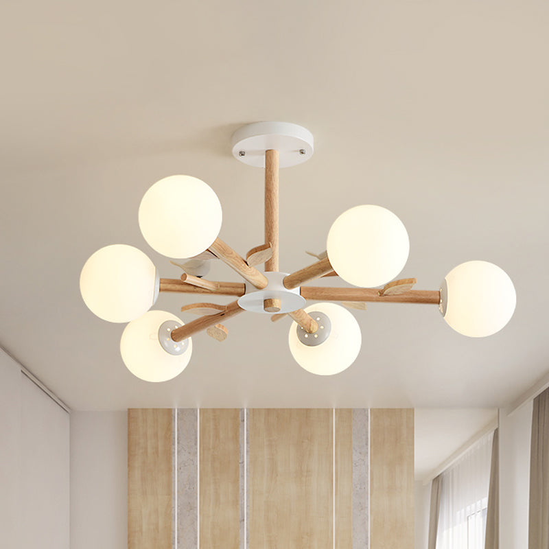 Radial Ceiling Mount Chandelier Nordic Wood 3/6-Bulb Bedroom Semi Mount Lighting with White Glass Shade and Bird Decor Clearhalo 'Ceiling Lights' 'Close To Ceiling Lights' 'Close to ceiling' 'Semi-flushmount' Lighting' 1476037