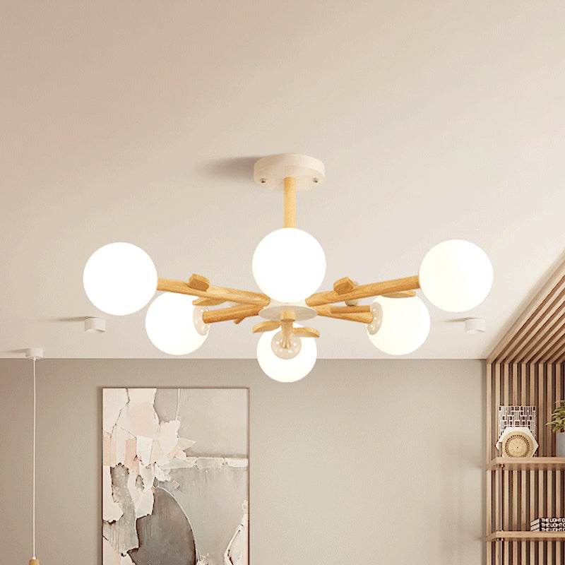 Radial Ceiling Mount Chandelier Nordic Wood 3/6-Bulb Bedroom Semi Mount Lighting with White Glass Shade and Bird Decor 6 White Clearhalo 'Ceiling Lights' 'Close To Ceiling Lights' 'Close to ceiling' 'Semi-flushmount' Lighting' 1476038
