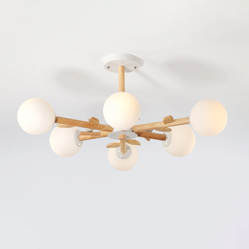 Radial Ceiling Mount Chandelier Nordic Wood 3/6-Bulb Bedroom Semi Mount Lighting with White Glass Shade and Bird Decor Clearhalo 'Ceiling Lights' 'Close To Ceiling Lights' 'Close to ceiling' 'Semi-flushmount' Lighting' 1476040