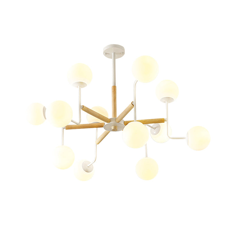 Nordic Starburst Wood Ceiling Mount Light 12 Heads Semi Flush Chandelier in White with Ball Milky Glass Shade Clearhalo 'Ceiling Lights' 'Close To Ceiling Lights' 'Close to ceiling' 'Semi-flushmount' Lighting' 1476077