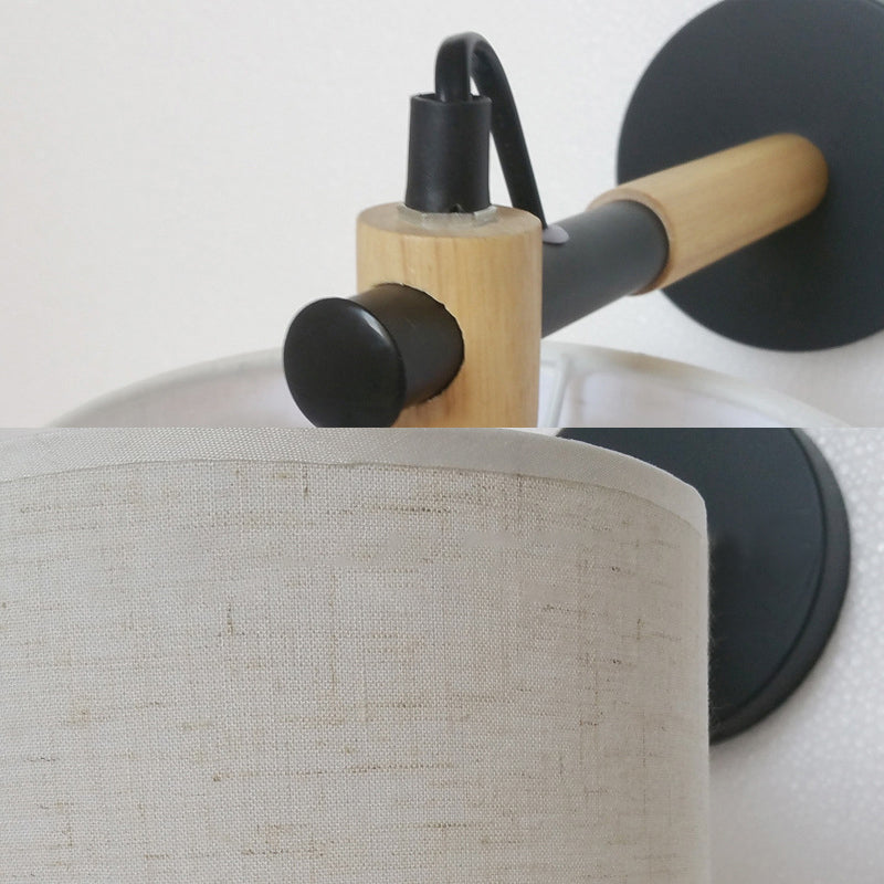 Fabric Cylindrical Sconce Wall Light Modernist 1 Light Bedroom Wall Mount Fixture with Wooden Joint in Black/White Clearhalo 'Industrial wall lights' 'Industrial' 'Middle century wall lights' 'Rustic wall lights' 'Tiffany' 'Wall Lamps & Sconces' 'Wall Lights' Lighting' 147610