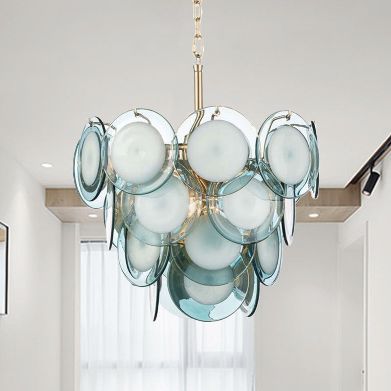 Mid Century 3 Tiers Flaked Chandelier Blue Glass 7 Lights Living Room Pendant Ceiling Light Blue Clearhalo 'Ceiling Lights' 'Chandeliers' 'Close To Ceiling Lights' 'Glass shade' 'Glass' 'Modern Chandeliers' 'Modern' Lighting' 1476138