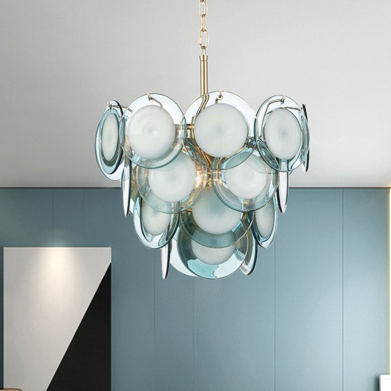 Mid Century 3 Tiers Flaked Chandelier Blue Glass 7 Lights Living Room Pendant Ceiling Light Clearhalo 'Ceiling Lights' 'Chandeliers' 'Close To Ceiling Lights' 'Glass shade' 'Glass' 'Modern Chandeliers' 'Modern' Lighting' 1476139