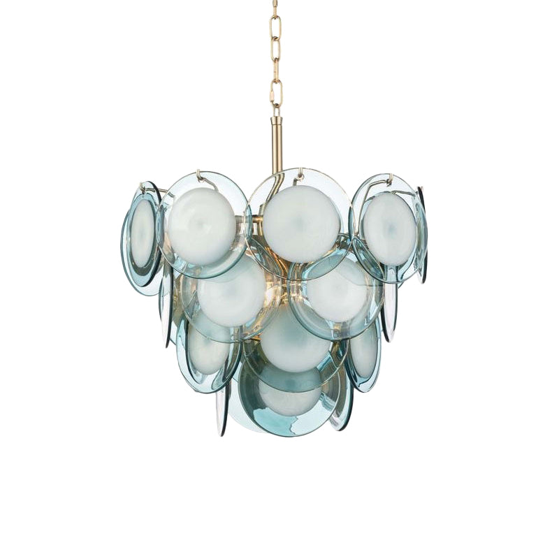 Mid Century 3 Tiers Flaked Chandelier Blue Glass 7 Lights Living Room Pendant Ceiling Light Clearhalo 'Ceiling Lights' 'Chandeliers' 'Close To Ceiling Lights' 'Glass shade' 'Glass' 'Modern Chandeliers' 'Modern' Lighting' 1476140