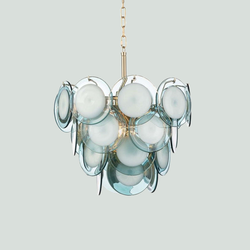 Mid Century 3 Tiers Flaked Chandelier Blue Glass 7 Lights Living Room Pendant Ceiling Light Clearhalo 'Ceiling Lights' 'Chandeliers' 'Close To Ceiling Lights' 'Glass shade' 'Glass' 'Modern Chandeliers' 'Modern' Lighting' 1476141