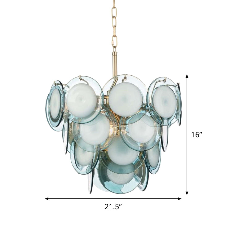 Mid Century 3 Tiers Flaked Chandelier Blue Glass 7 Lights Living Room Pendant Ceiling Light Clearhalo 'Ceiling Lights' 'Chandeliers' 'Close To Ceiling Lights' 'Glass shade' 'Glass' 'Modern Chandeliers' 'Modern' Lighting' 1476142