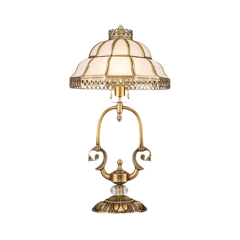 1/2-Light Dome/Bowl Night Lamp Traditional Gold Finish White Glass Nightstand Light with Peacock/Elliptical Frame Design Clearhalo 'Lamps' 'Table Lamps' Lighting' 1476224