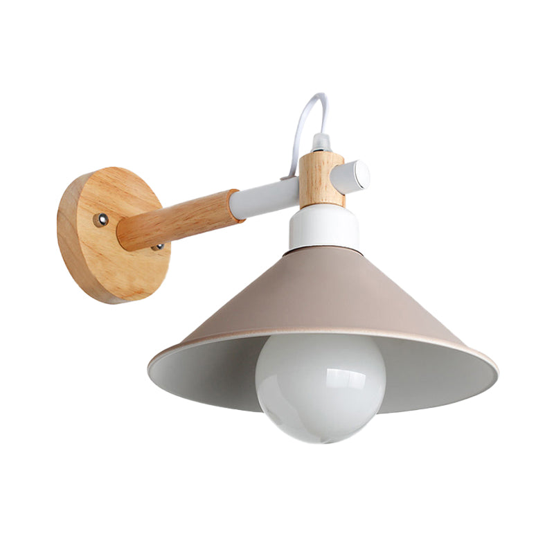 Nordic Stylish Cone Wall Lighting Fixture 1 Head Metallic Sconce Lamp with Wooden Joint in Black/Grey for Hallway Clearhalo 'Cast Iron' 'Glass' 'Industrial' 'Modern wall lights' 'Modern' 'Tiffany' 'Traditional wall lights' 'Wall Lamps & Sconces' 'Wall Lights' Lighting' 147693