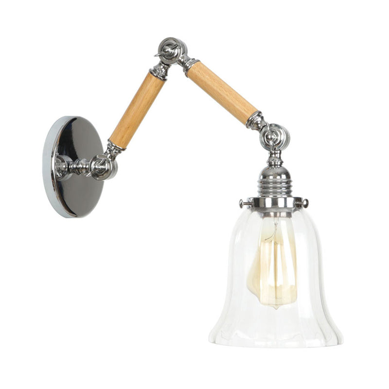 Flared Living Room Wall Light Fixture Vintage Clear Prismatic Glass 1 Light Chrome Sconce Lamp with 8"+8"/6"+6"/8"+4" Wooden Arm Clearhalo 'Cast Iron' 'Glass' 'Industrial wall lights' 'Industrial' 'Middle century wall lights' 'Modern' 'Tiffany' 'Traditional wall lights' 'Wall Lamps & Sconces' 'Wall Lights' Lighting' 147906