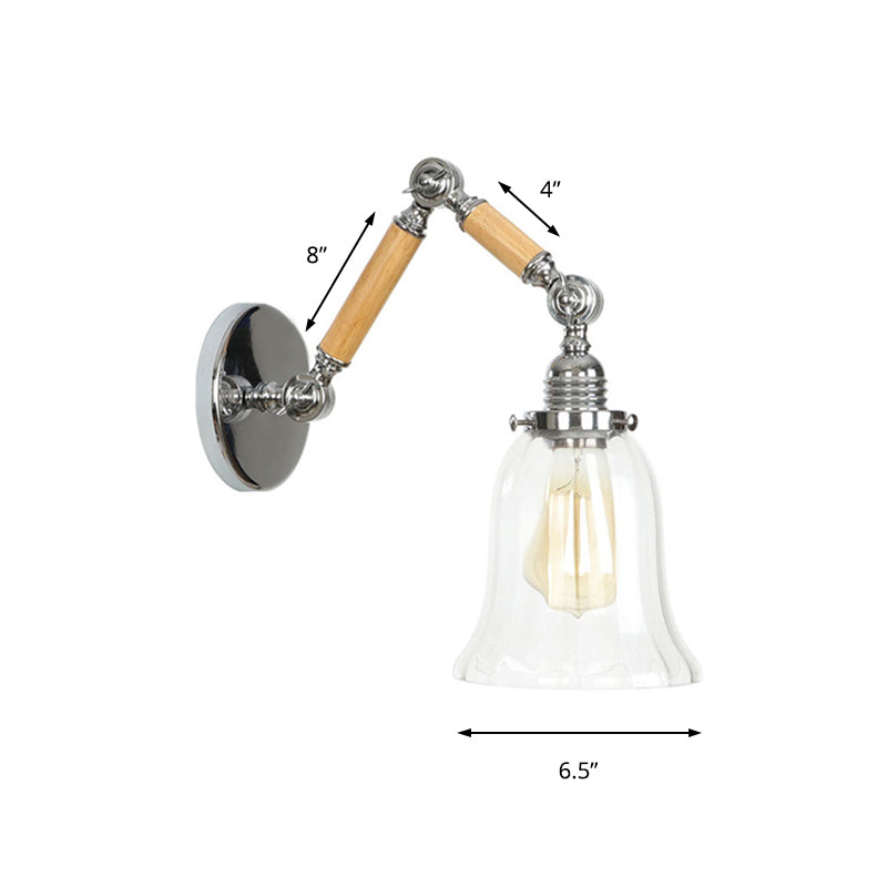 Flared Living Room Wall Light Fixture Vintage Clear Prismatic Glass 1 Light Chrome Sconce Lamp with 8"+8"/6"+6"/8"+4" Wooden Arm Clearhalo 'Cast Iron' 'Glass' 'Industrial wall lights' 'Industrial' 'Middle century wall lights' 'Modern' 'Tiffany' 'Traditional wall lights' 'Wall Lamps & Sconces' 'Wall Lights' Lighting' 147910