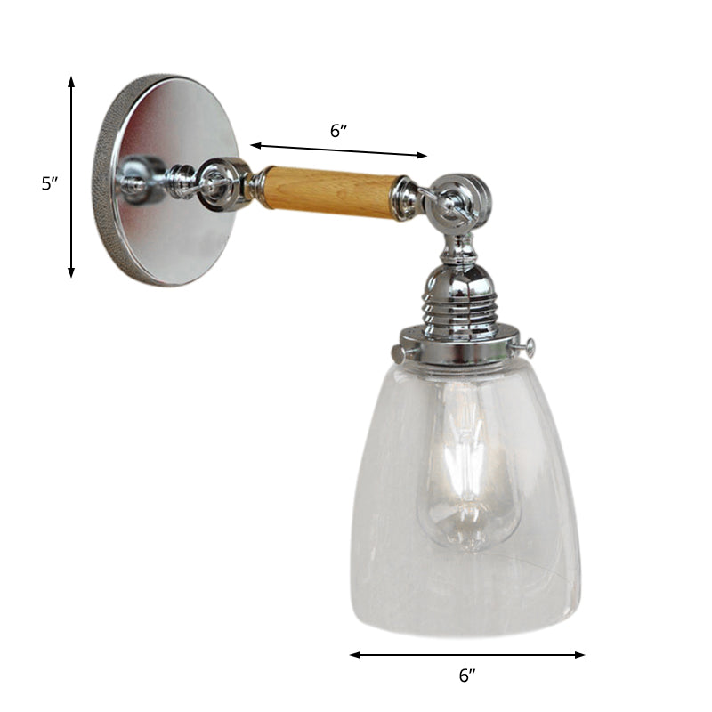 Single Bulb Wall Sconce Lighting with Dome Shade Clear Glass Industrial Living Room Light Fixture, 8"/4"/6" L Wooden Arm Clearhalo 'Cast Iron' 'Glass' 'Industrial wall lights' 'Industrial' 'Middle century wall lights' 'Modern' 'Tiffany' 'Traditional wall lights' 'Wall Lamps & Sconces' 'Wall Lights' Lighting' 147994
